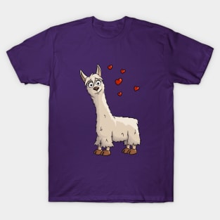 Fancy Cartoon Llama with Hearts T-Shirt